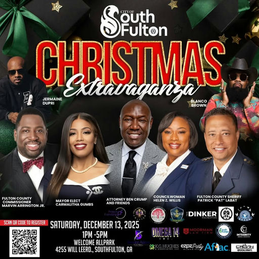 Experience the spirit of the season at the City of South Fulton’s Christmas Extravaganza on Dec. 13 from 1–5PM! Join influential community figures like Jermaine Dupri, Blanco Brown, and Commissioner Marvin Arrington Jr. as they come together to celebrate unity and joy during this festive holiday gathering. It's the perfect event to connect with friends and neighbors while embracing the magic of the holidays! Media Credit: Marvin Arrington Jr