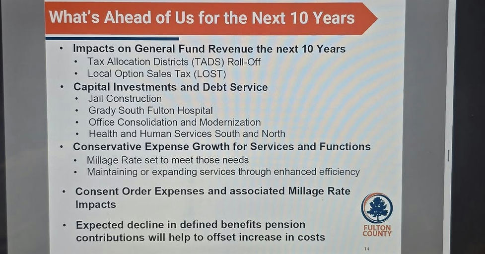 What's ahead for Fulton County in the next decade? Expect impacts on General Fund Revenue from Tax Allocation Districts and the Local Option Sales Tax. Our capital investments include Jail Construction, Grady South Fulton Hospital, and Office Modernization. We're committed to maintaining service quality while managing costs efficiently. Join Marvin Arrington Jr. in shaping a brighter future for our community. Media Credit: Marvin Arrington Jr