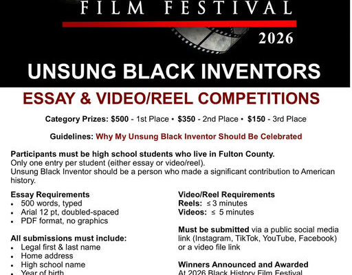 Fulton County high school students can showcase their talents in the 2025 Black History Film Festival’s Essay & Film/Reel Competition! With $2,000 in total prizes, students can dive into the stories of Unsung Black Inventors. This is an opportunity to create, innovate, and celebrate the impactful contributions of these individuals. Don't miss out on your chance to shine! Media Credit: Marvin Arrington Jr