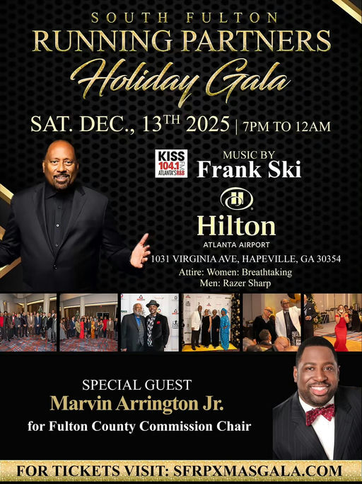 Experience an enchanting evening at the South Fulton Running Partners Holiday Gala, where community spirit and elegance unite. Join for a night filled with celebration on December 13, 2025, at Hilton Atlanta Airport. Indulge in delightful music by Frank Ski while dressed to impress! Media Credit: Marvin Arrington Jr