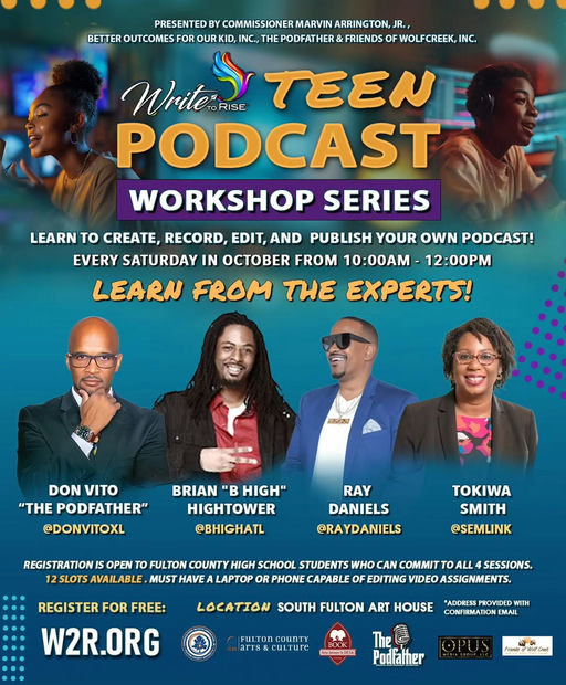 Attention all aspiring podcasters! Join Commissioner Marvin Arrington Jr. and industry experts for an exciting workshop every Saturday in October. Learn to create, record, edit, and publish your very own podcast at the South Fulton Art House. Don't miss out on this chance to express your voice and creativity! Media Credit: Marvin Arrington Jr